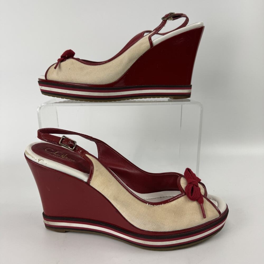 Cole Haan Canvas Red Patent Wedge Sandals Slingback Peep Toe 9.5 READ!